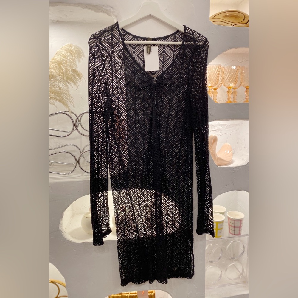 Stretchy Black Mesh Y2K Sheer Beach Swimsuit Cover Up Long Sleeve Dress